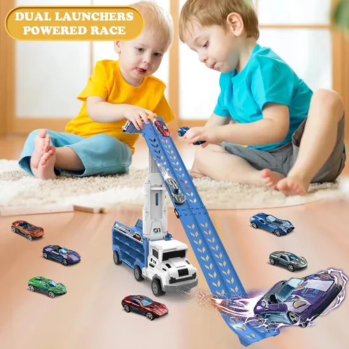 Vista 4 de Juguetes de coche y camiones para niños pequeños, camiones de transporte de juguete para niños de 3 a 5 y 4 a 8 años, juegos de pistas de carreras