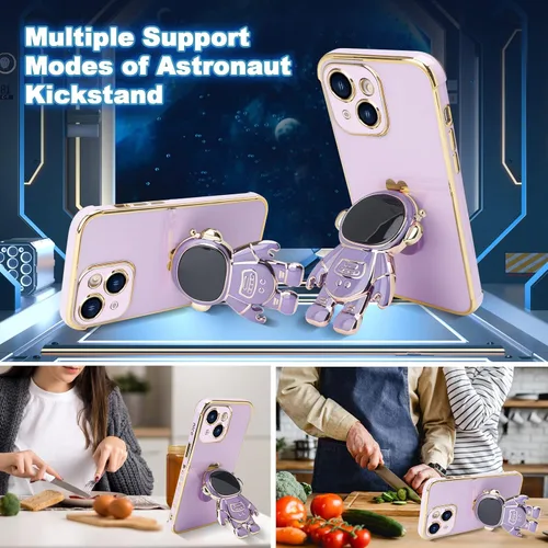 Vista 2 de Omio - Funda compatible con iPhone 15 Plus con soporte oculto de astronauta, funda de lujo chapado en corazón con borde lateral, pequeño