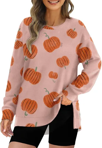 Vista 4 de Sudadera de manga larga con cuello redondo y abertura lateral para mujer, estampado de Halloween, talla S-3XL