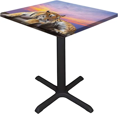 Vista 2 de Mantel cuadrado de animales, tigre acostado en madera, cielo azul, colorido, puesta de sol, elástico, para restaurantes, picnic, patio, decoración