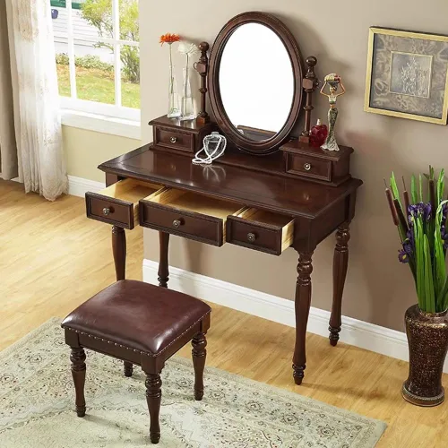 Vista 4 de Vintage Vanity Desk with Adjustable Angle Mirror, 39.4 in Wooden Makeup Dressing Table Set for Bedroom with 5 Drawers, Cushioned Stool