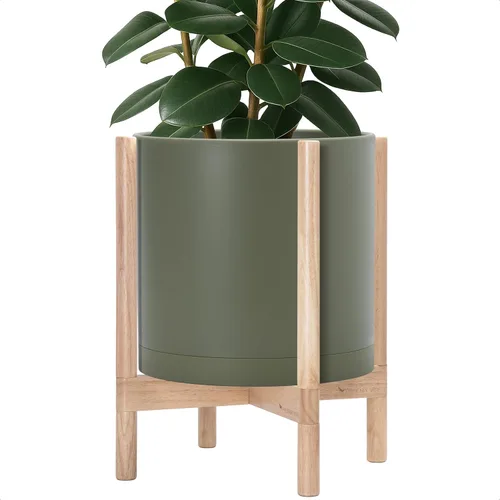 Vista 21 de Maceta de D'vine Dev con soporte - Maceta de flores de cilindro de plástico de 8.0 pulgadas con soporte de madera para interiores, maceta mate negra