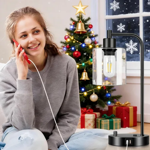 Vista 8 de Lámpara de mesa industrial con puertos USB A+C y toma de corriente, lámpara de mesita de noche moderna totalmente regulable, lámpara de escritorio