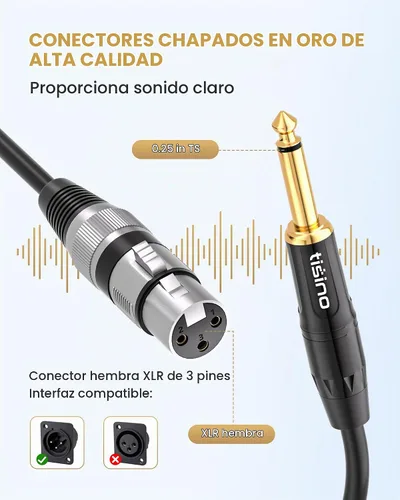 Vista 2 de Tisino - Cable de micrófono con conector hembra XLR a conector mono TS de 1/4 (6,35 mm) desequilibrado para micrófono dinámico - 2,01 m/6,6 pies