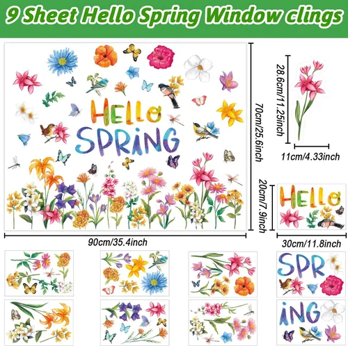 Vista 2 de 9 hojas de calcomanías de ventana de primavera con texto en inglés «Hello Spring» para ventanas, flores, mariposas, abejas, pájaros, calcomanías