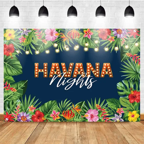 Vista 3 de Mocsicka Telón de fondo de Noches de La Habana Tropical Nights para adultos, hojas de palma hawaianas, decoración de mesa para tartas, decoración