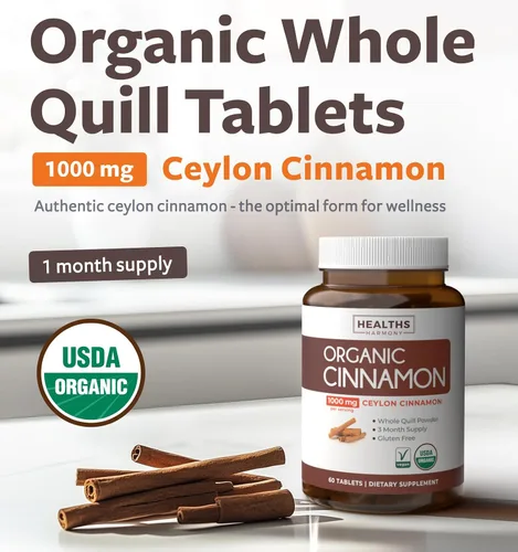 Vista 2 de Pastillas orgánicas de canela de Ceilán USDA – Suplemento de canela de Ceilán de alta potencia con 1000 mg por porción para apoyo antioxidante