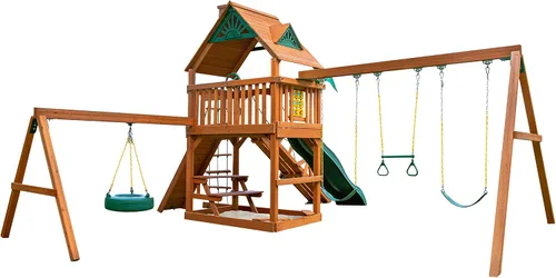 Vista 5 de Gorilla Playsets 01-0004-AP Frontier - Juego de columpio de madera con techo de madera, columpio de neumático, dos columpios de cinturón, mesa
