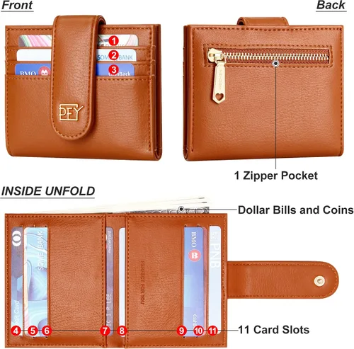 Vista 6 de Badiya Billeteras pequeñas para mujer, plegable, multitarjeta, delgada, tarjetero con cremallera, Marrón, Minimalista
