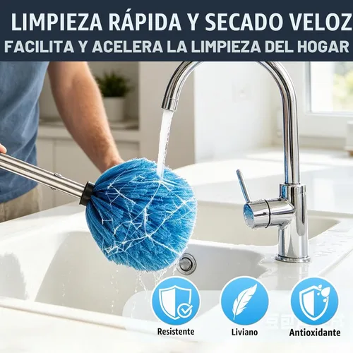 Vista 2 de Plumero de telaraña con poste de extensión de 5 pies, mango de acero inoxidable ajustable y cerdas rígidas, cepillo ligero para limpieza en Plateado