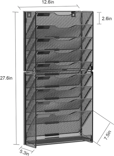 Vista 3 de samstar Organizador de archivos de pared de 10 niveles, soporte de pared colgante, organizador de correo de carpetas de papel, malla de metal, negro.