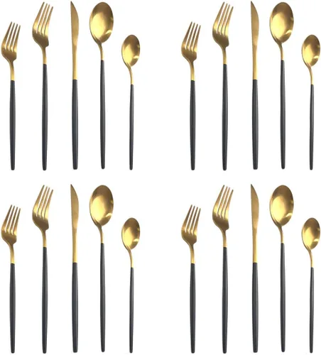 Vista 10 de Juego de cubiertos de 5 piezas, Uniturcky, de acero inoxidable negro y dorado, utensilios para comer con cuchillo, tenedor, cuchara para el hogar