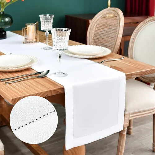 Vista 8 de NEWISHER Camino de mesa rústico de lino sintético con borde de vainica, decoración de mesa rectangular beige sólido para comedor, mesa auxiliar