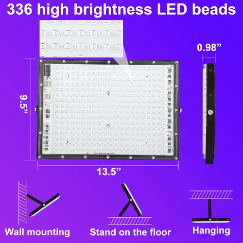 Vista 4 de Paquete de 2 luces negras de 300W con 336 LEDs, lámpara UV de luz negra para fiestas fluorescentes, 395nm, accesorio de luz negra IP65
