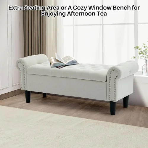 Vista 7 de SOFTHION Banco de almacenamiento de 50 pulgadas para dormitorio, tapizado de lino, beige