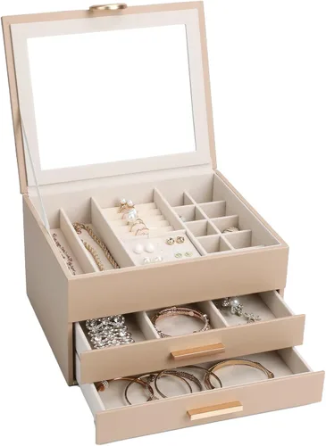 Vista 2 de Elegant Gift Jewelry Box with Mirror - 3-Layer Organizer for Earrings, Rings, Necklaces, Ready to Give for Birthday Anniversary Christmas Apricot
