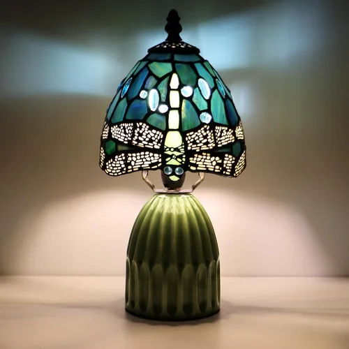 Vista 14 de Tiffany Stained Glass Mushroom Table Lamp 12.5 Inch -Blue Peacock Tiffany Lamp,6X6X12.5 Inch,Small Night Light,Ceramic Base, Mini Accent Light
