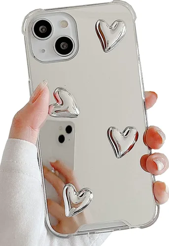 Vista 4 de Compatible con funda para iPhone 11, espejo de plata senior con diseño de corazón lindo, funda de silicona transparente y suave con espejo