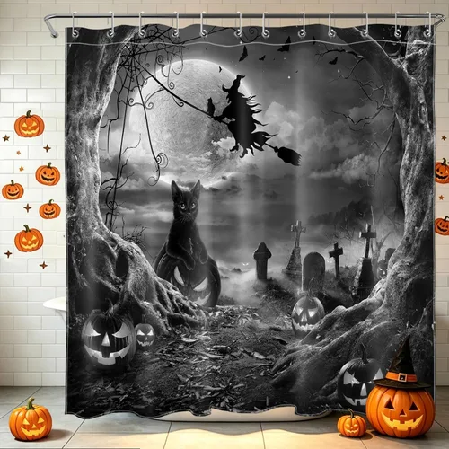 Vista 35 de LB Cortina de ducha espeluznante de Halloween, árbol muerto espeluznante con tela de araña de murciélago, cortina de ducha de baño con temática