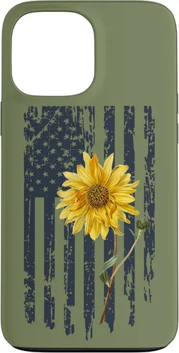 Vista 23 de iPhone 16 Yellow Sunflower Patriotic US American Flag Women Sage Green Case