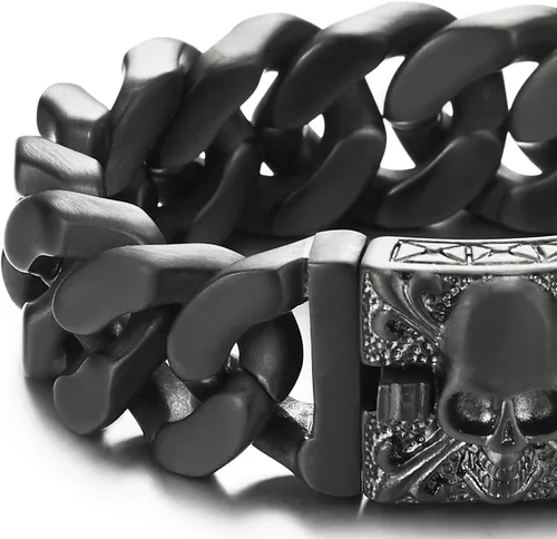 Vista 3 de COOLSTEELANDBEYOND Pulsera de cadena de acero cepillado vintage grande para hombre con flor de lis y calavera