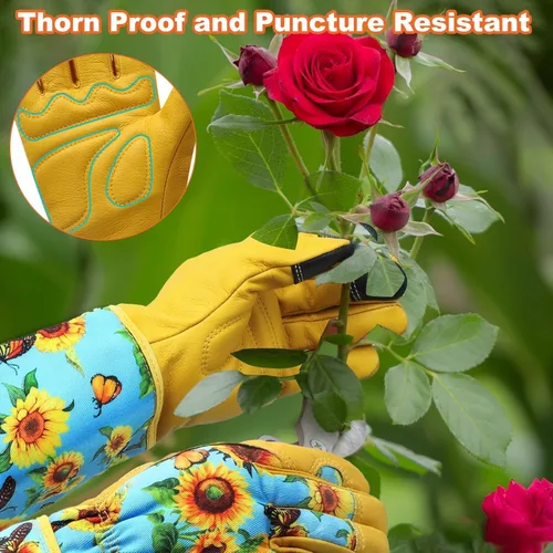 Vista 5 de DLY Guantes de jardinería para mujeres, guantes para rosas resistentes a espinas, guantes largos de jardín para mujeres, guantelete de cuero vacuno