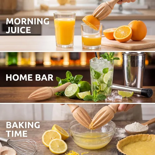 Vista 6 de Exprimidor de cítricos de madera, escariador manual de naranja limón con agarre ergonómico, herramienta exprimidora de frutas duradera