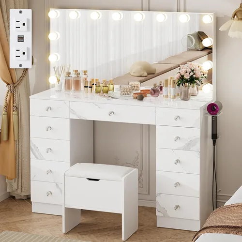 Vista 9 de VOWNER Tocador con espejo iluminado - Escritorio de maquillaje con luces y 11 cajones, 3 modos de iluminación de color con brillo ajustable