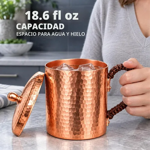 Vista 4 de Taza de cobre puro de 18.6 onzas con tapa para agua potable