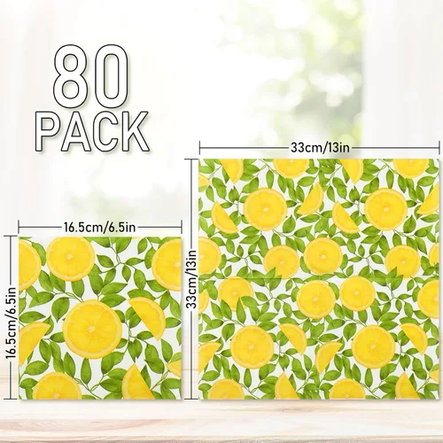 Vista 2 de Whaline 80 servilletas de papel de limón de verano, servilletas desechables de cítricos amarillos, ramas de limón, servilletas de cena para verano