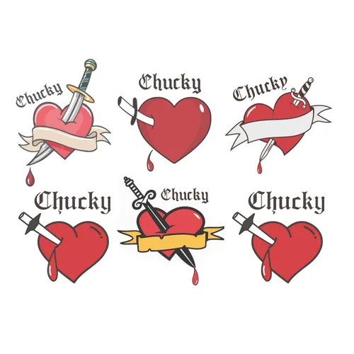 Vista 5 de Tatuajes temporales de corazón de la novia de Chucky, 10 calcomanías de tatuajes de corazón Tiffany para mujeres, Halloween, fiesta, disfraz, cosplay