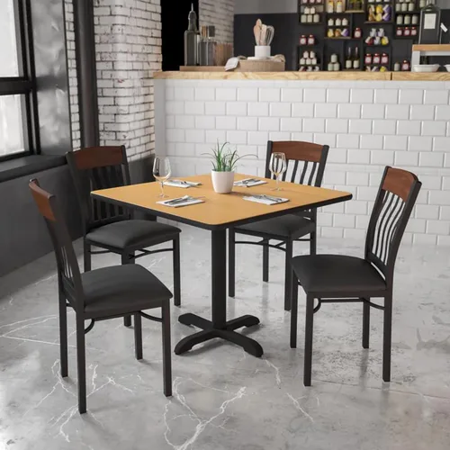 Vista 2 de Flash Furniture Eclipse Series Silla de restaurante con respaldo vertical de metal negro y madera de nogal con asiento de vinilo negro