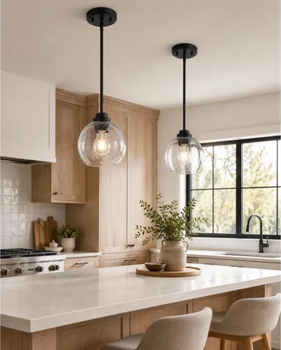 Vista 27 de Luces Colgantes para Isla de Cocina, 7" Luminarias Colgantes Negras y Doradas con Pantalla de Globo de Vidrio Transparente, Iluminación Moderna