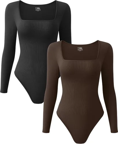 Vista 12 de OQQ Body de 2 piezas para mujer, sexy, acanalado, de una pieza, cuello cuadrado, manga larga, tops Negro Beige