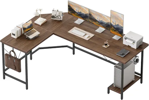 Vista 19 de Mericonia Escritorio para computadora en forma de L con tomas de corriente, escritorio para juegos reversible con estantes de almacenamiento y Marrón