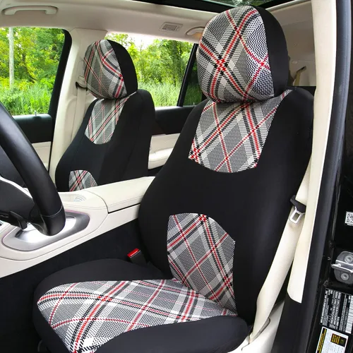 Vista 4 de TLH Fundas universales para asientos de automóvil Tartan57 estampado a cuadros beige, juego completo de fundas para asientos en tela plana