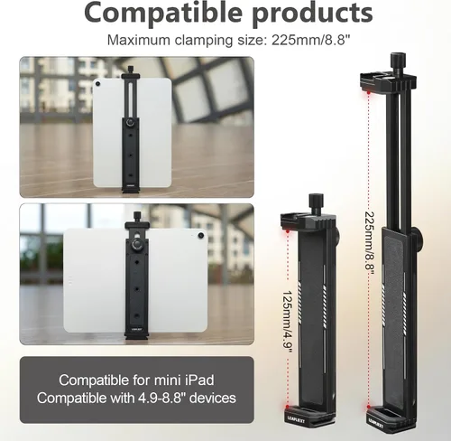 Vista 2 de Soporte para iPad de aleación de aluminio para trípode, compatible con iPad mini y tabletas de 5-8.8 pulgadas, tornillo de 1/4 pulgadas y liberación