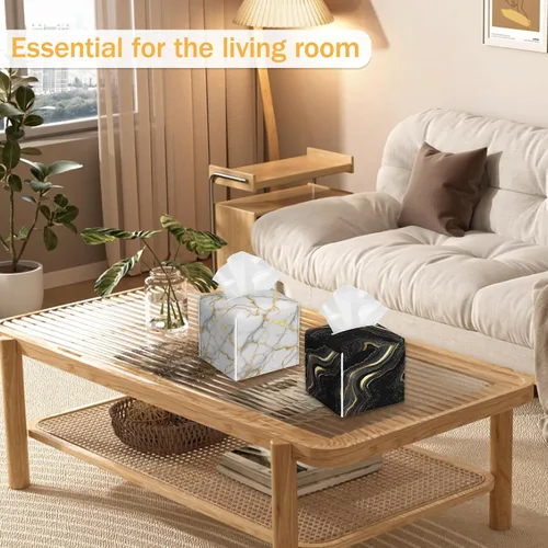 Vista 6 de Caja de pañuelos cuadrada de mármol negro y blanco y dorado, 2 unidades, organizador de servilletas para dormitorio, oficina, baño, decoración