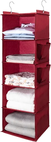 Vista 10 de BOOMIBOO Organizador de armario colgante y estantes, 5 estantes colgantes con 2 bolsillos laterales, almacenamiento plegable (beige)