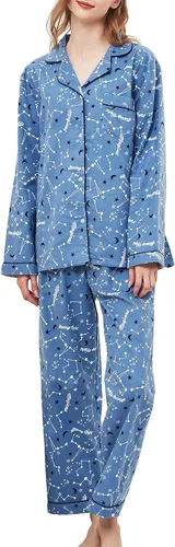 Vista 8 de CHUNG Conjunto de pijama de franela para mujer, tops con botones de algodón cepillado, pantalones S-XL, ropa de dormir, ropa de descanso, acogedora