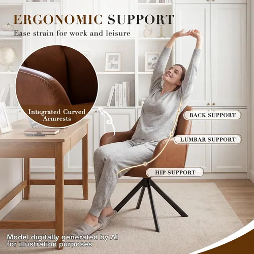 Vista 3 de EALSON Cómoda silla de escritorio de cuero, moderna silla de trabajo para computadora, sin ruedas, silla giratoria con brazo de respaldo medio