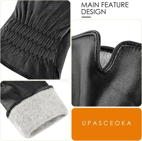Vista 5 de Guantes de cuero genuino para mujer, guantes de invierno cálidos con forro de cachemira para pantalla táctil para conducir, guantes de piel de oveja