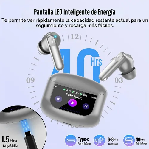 Vista 6 de Auriculares inalámbricos, auriculares Bluetooth 5.4 con pantalla táctil multifunción de 5 modos EQ, auriculares de 48H con graves estéreo y ANC