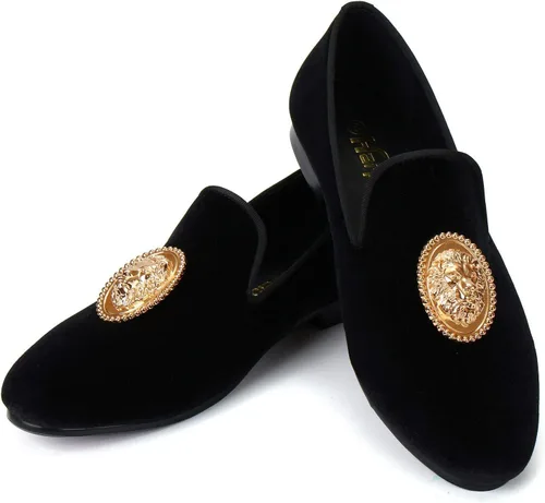 Vista 2 de Ajuste negro terciopelo mocasines zapatos para hombres con hebilla de león dorado hecho a mano pisos
