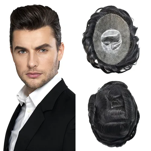 Vista 504 de Toupee para hombre 100% cabello humano real tupé para hombres 0.004 in piel de poliuretano para hombre, sistema de reemplazo de piezas de pelo