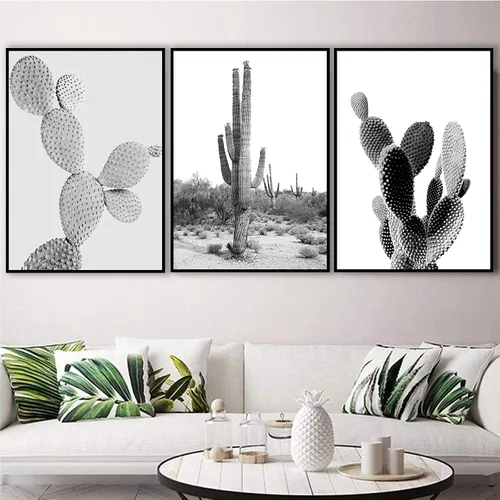 Vista 3 de VLOLIFE Lienzo minimalista nórdico de plantas verdes suculentas, arte en lienzo, póster de cactus blanco y negro, pinturas de pared, sala de estar