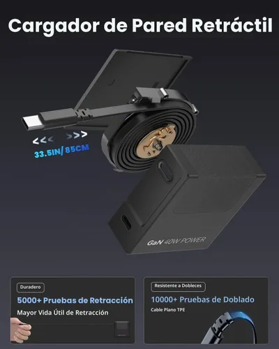 Vista 4 de Gitryin - Cargador de pared USB retráctil GaN de 40 W, cable tipo C de 33.5 pulgadas, 2 USB C