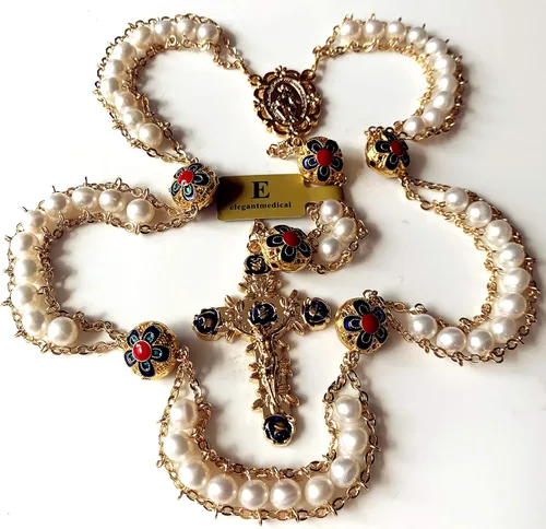 Vista 2 de elegantmedical Hecho a mano 18K chapado en oro de la escalera al cielo perla y esmalte perlas católica rosario crucifijo collar caja, Cobre