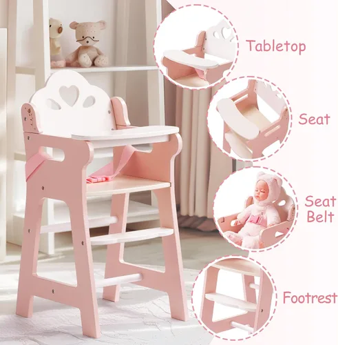 Vista 9 de ROBUD Silla alta de muñeca de bebé, silla alta de juego de simulación con cinturón de seguridad, accesorios de muñeca de madera rosa con mesa móvil