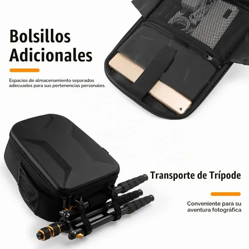 Vista 6 de Cwatcun Mochila para cámara con carcasa rígida para fotografía, bolsa de bandolera con correa de cámara a prueba de golpes 2 en 1, estuche para Negro